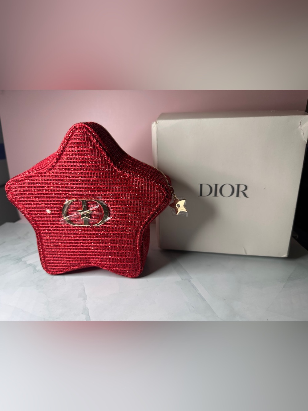 Dior Red Star-Shaped Glitter Cosmetic Pouch with Gold Logo Charm